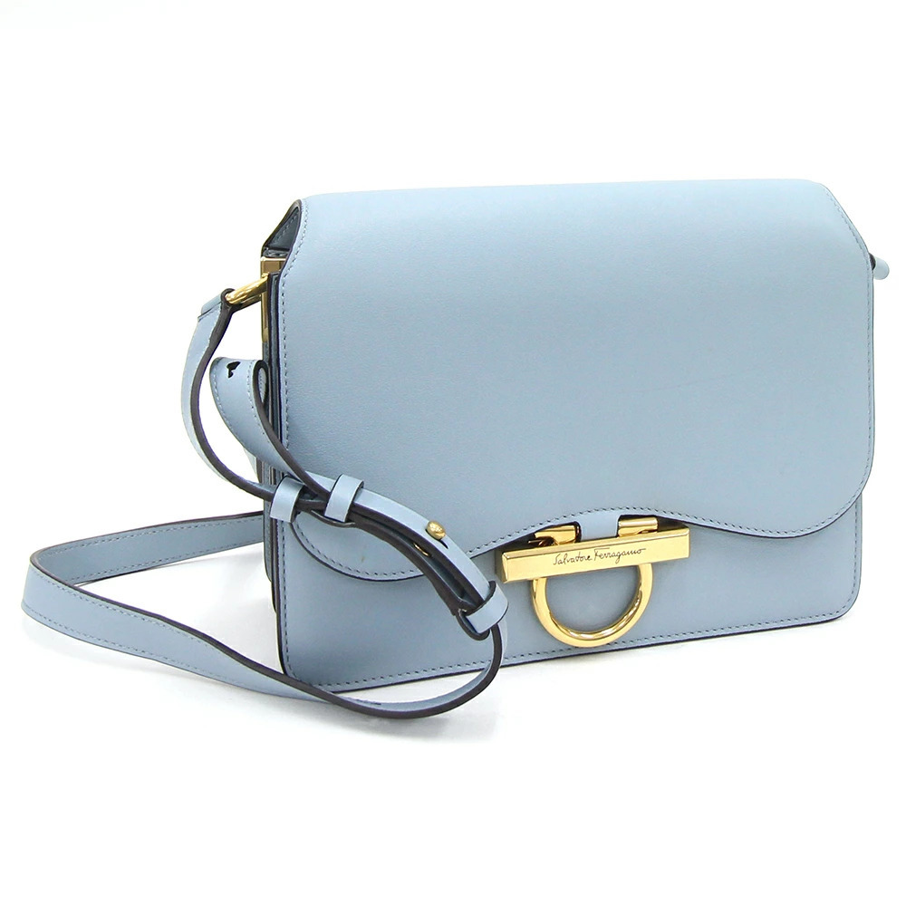 Salvatore Ferragamo Gancini Shoulder Bag Blue Leather Crossbody Salvatore